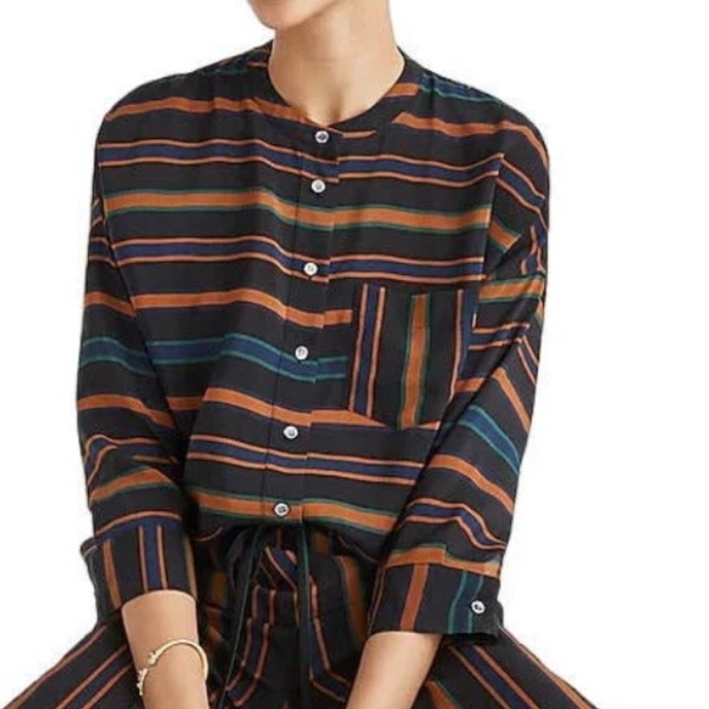 Madewell 100% Silk Striped Band Collar Button Down Shirt Navy Orange XS